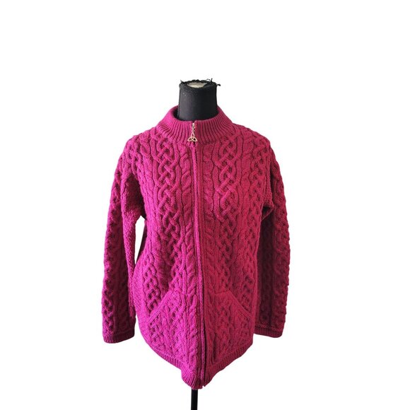 Aran Craft Pink Full Metal Zipper Pockets Cable Knit Cardigan Sweater Size S - Picture 1 of 9
